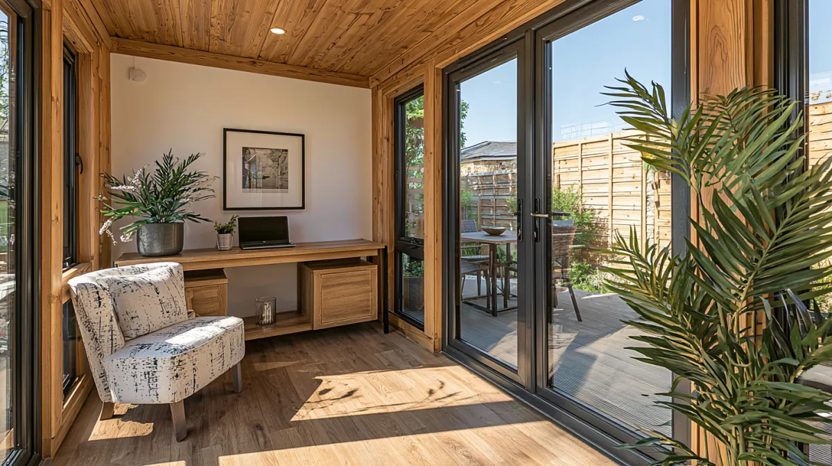 Intérieur d'un bureau de jardin aménagé : bureau en bois, fauteuil et baies vitrées donnant sur la terrasse