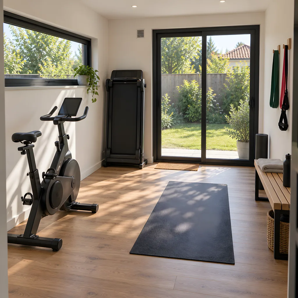 Studio de jardin aménagé en salle de sport à domicile
