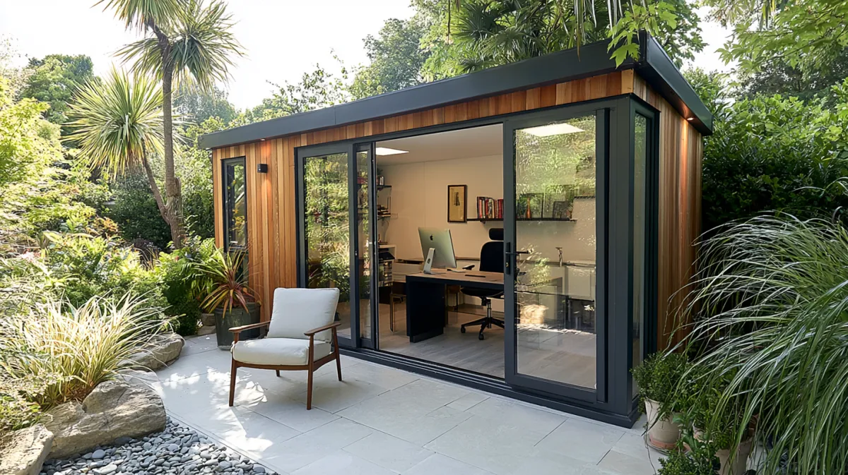 Bureau de jardin en bois avec baies vitrées dans un jardin
