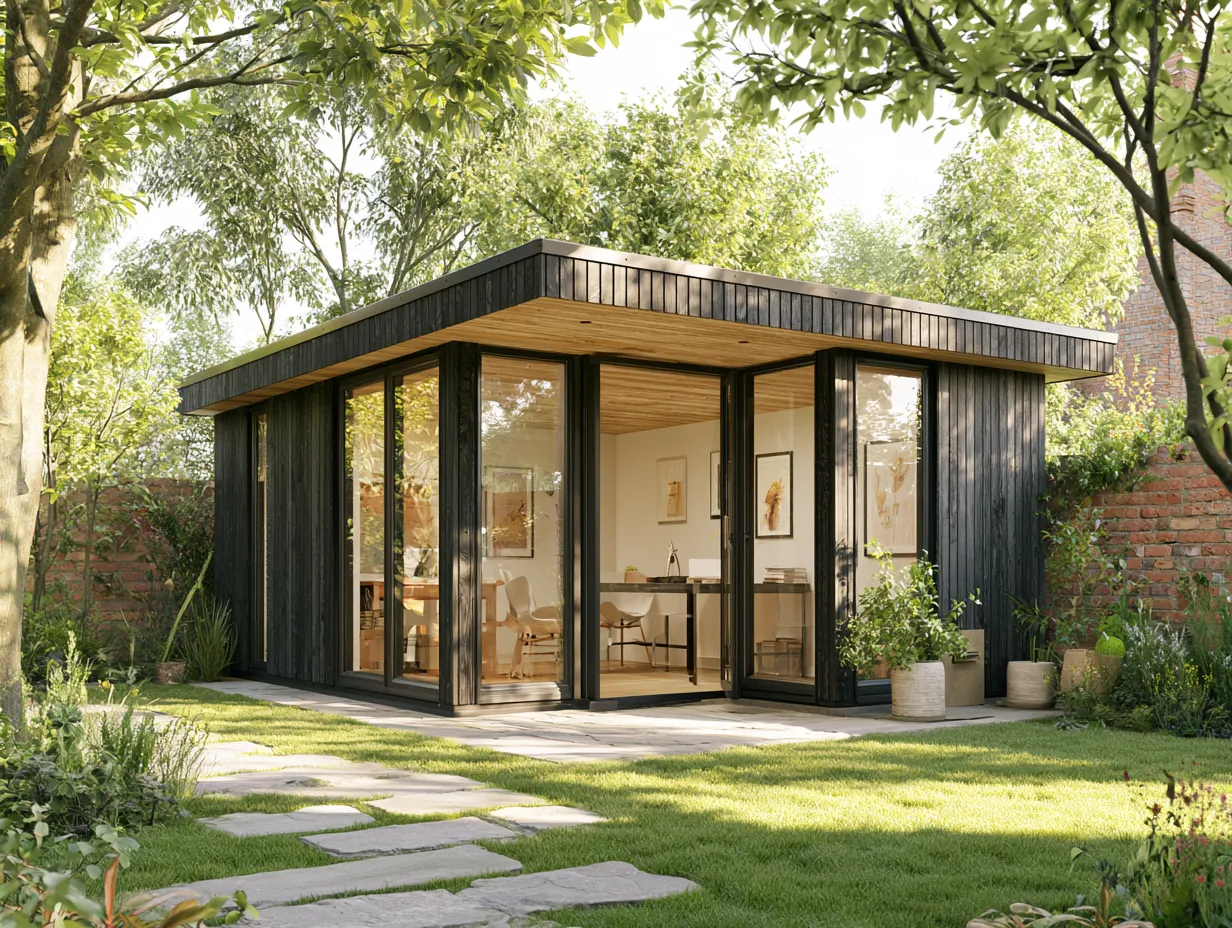 Studio de jardin contemporain en bois dans un jardin verdoyant