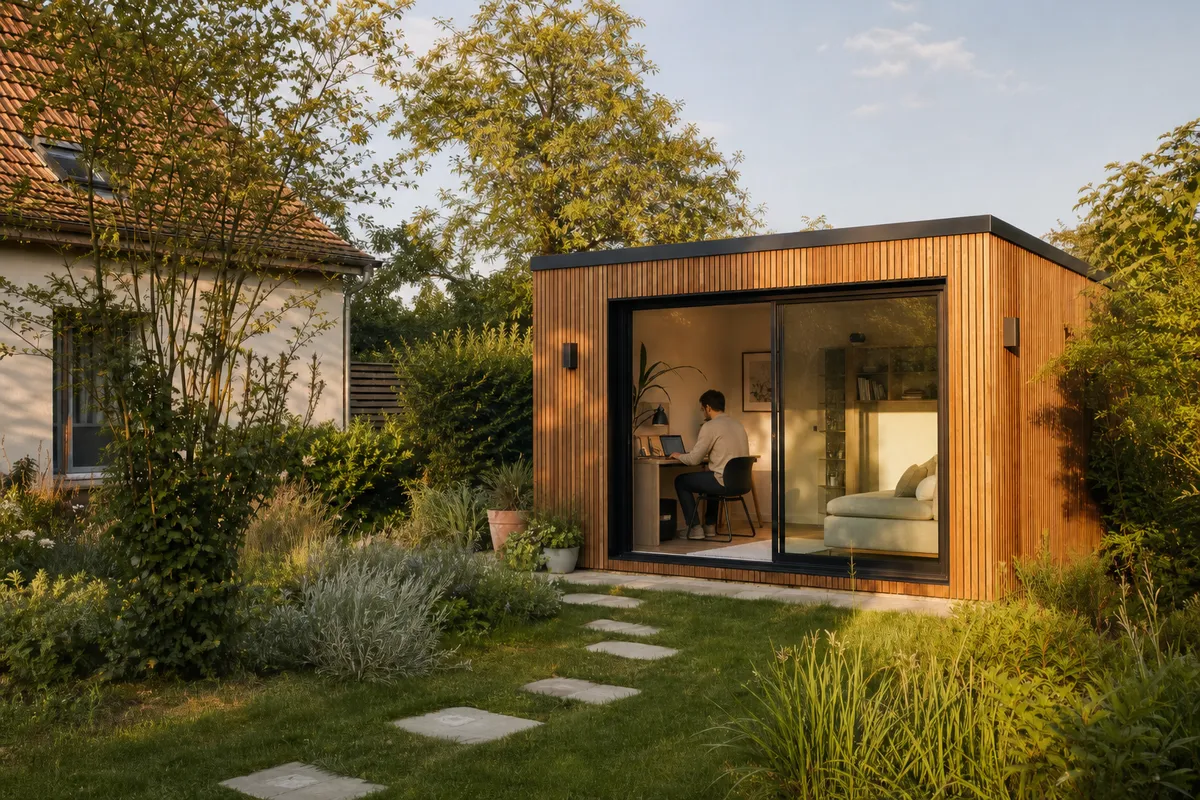 Studio de jardin en bois avec bureau, dans un jardin au soleil couchant