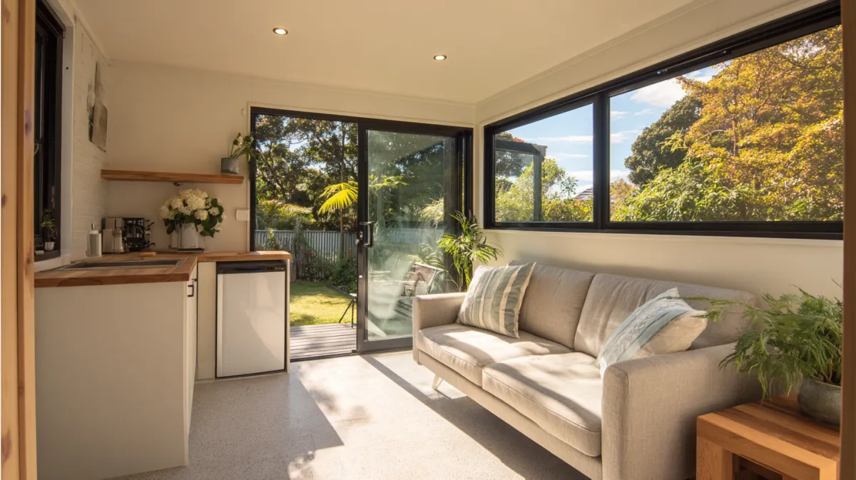 Intérieur équipé d'un studio de jardin habitable : salon, kitchenette et grandes baies vitrées