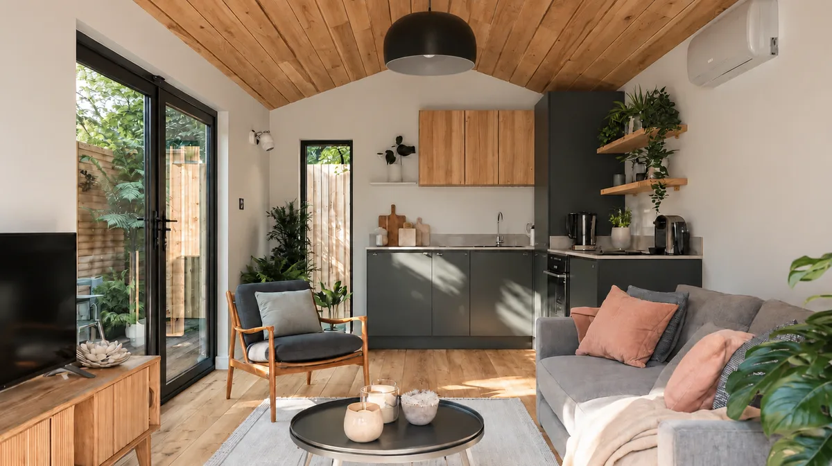 Intérieur d'un studio de jardin habitable, avec cuisine et salon