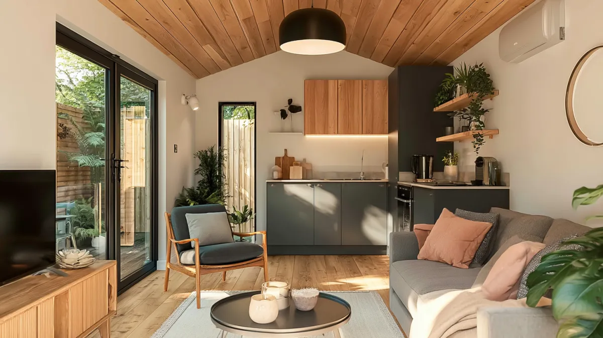 Intérieur cosy d'un studio de jardin pour senior : coin salon, kitchenette et baies vitrées sur le jardin