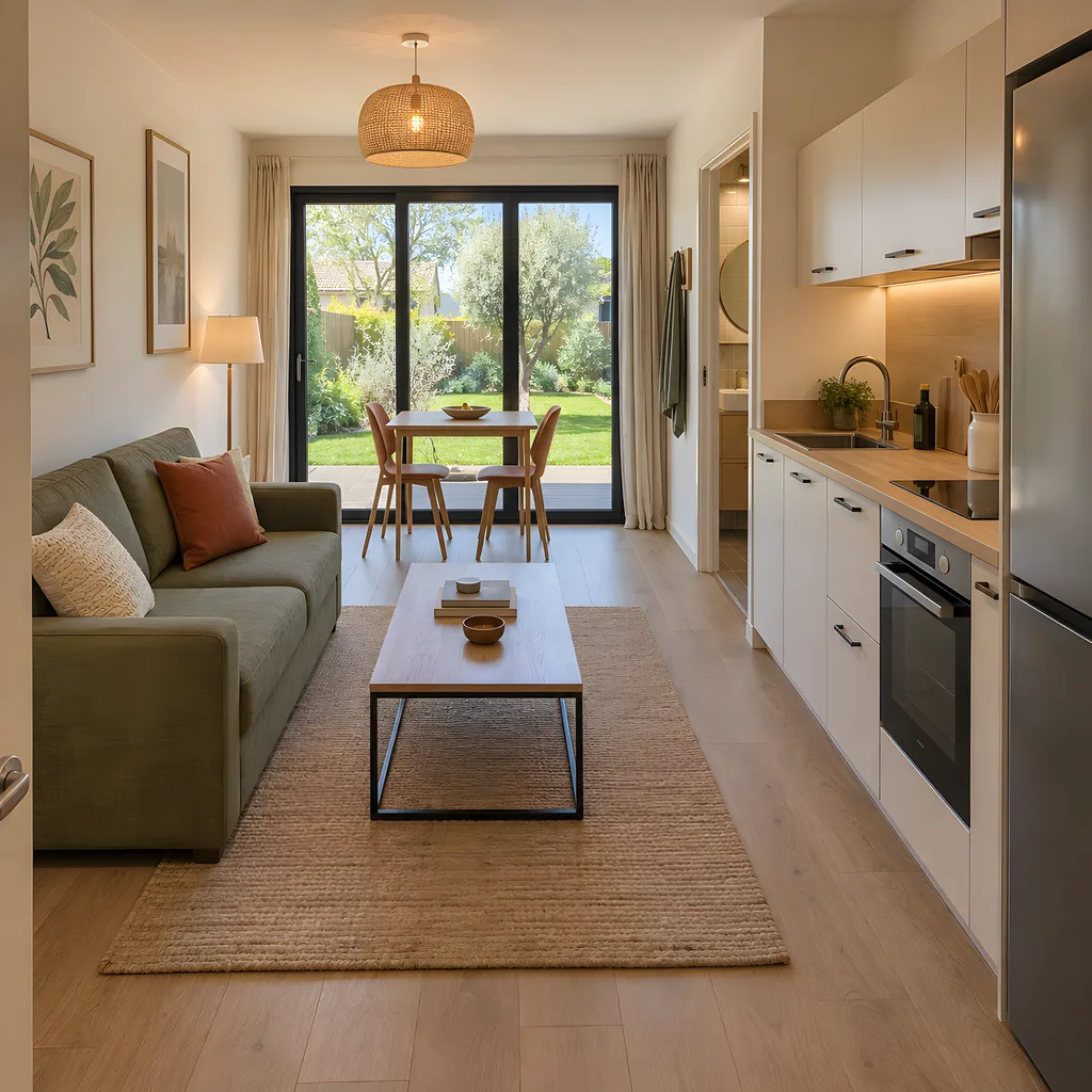 Intérieur d’un studio de jardin autonome destiné à la location, avec cuisine et salon