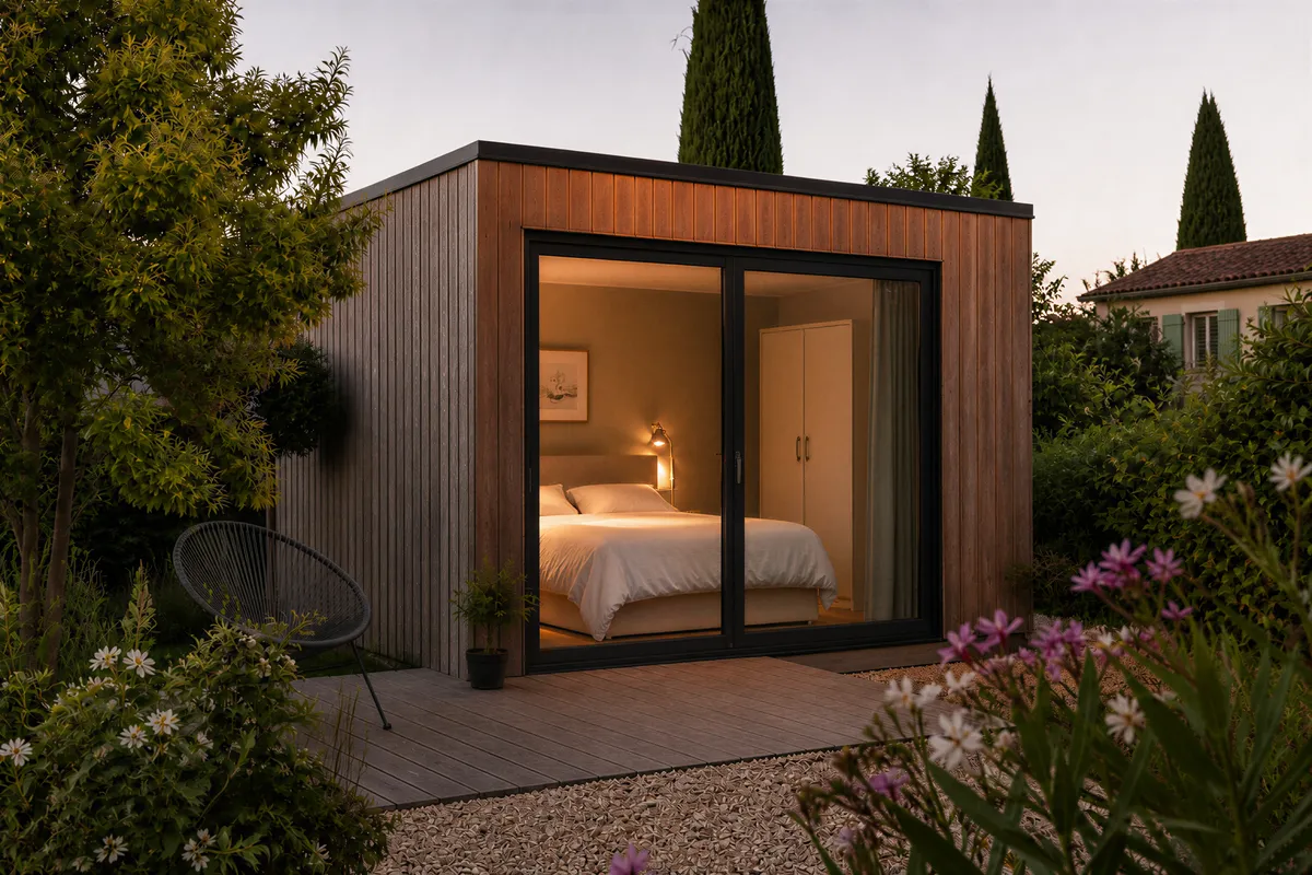 Studio de jardin de 15 à 20 m² aménagé en chambre d'amis