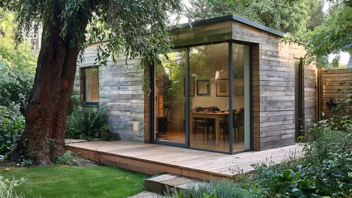 Studio de jardin contemporain en bois dans un jardin arboré